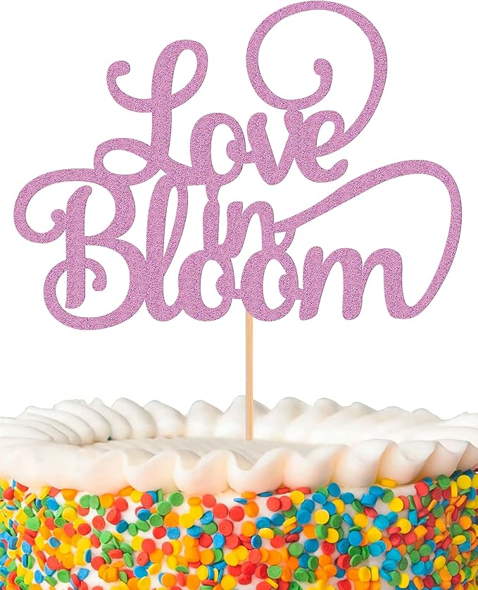 Love in Bloom Cake Topper - Glitter Purple Bridal Shower Cake Decoration, Wedding & Engagement Cake Pick (Purple)