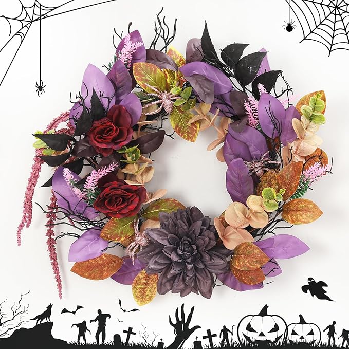 18 Inch Halloween Wreath for Front Door, Gothic Wreath with Spiders and Black Roses, Creepy Outdoor Indoor Decor for Window, Mantel, Wall, Fireplace - Durable Artificial Decorations