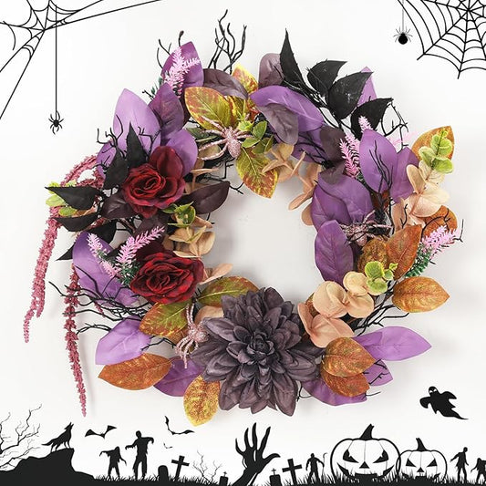 18 Inch Halloween Wreath for Front Door, Gothic Wreath with Spiders and Black Roses, Creepy Outdoor Indoor Decor for Window, Mantel, Wall, Fireplace - Durable Artificial Decorations