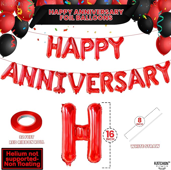 KatchOn, Red 16 Inch Happy Anniversary Balloons | 16 Piece Letter Balloons | Red Anniversary Banner & Backdrop | Self Sealing, Reusable | Ages & Couples