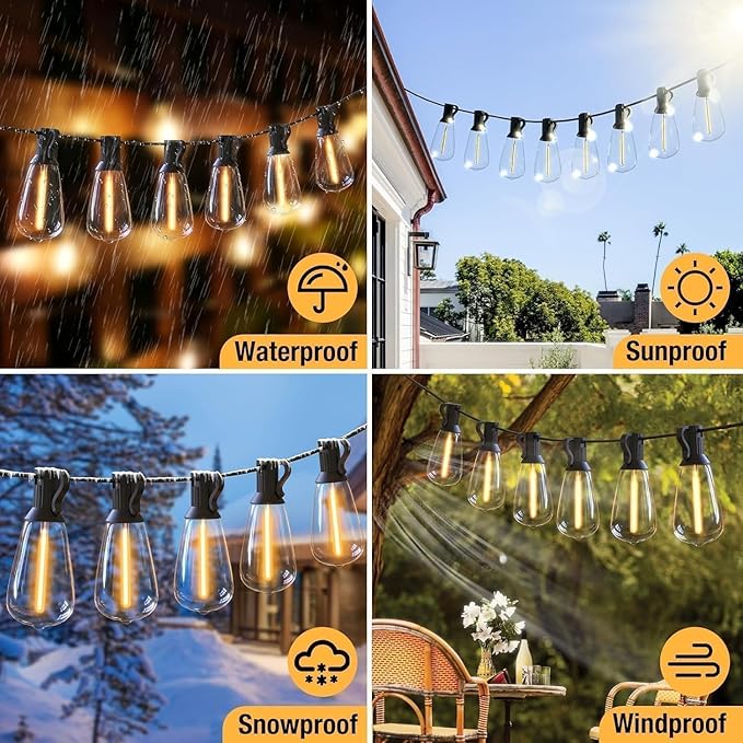 litogo 42FT LED Outdoor String Lights, Waterproof Patio Lights with ST38 Vintage Edison Bulbs, Warm White Outside Hanging Light for Yard Gazebo Party