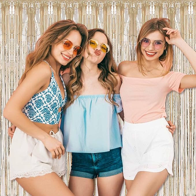 3 Pack Champagne Gold Foil Fringe Curtains Backdrop, 3.28 x 6.6 Ft Metallic Streamers Tinsel Curtains Background for Photo Booth, Birthday, Halloween, Christmas, New Year Party Decorations