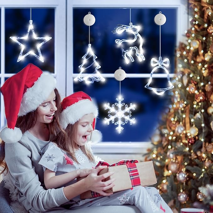 5Pack Christmas Window Lights Decorations with Timer,Battery Powered Christmas Hanging White Lighted Snowflake Tree Star Deer Bells Shaped LED Sucker for Xmas Fireplace Window Indoor Decor