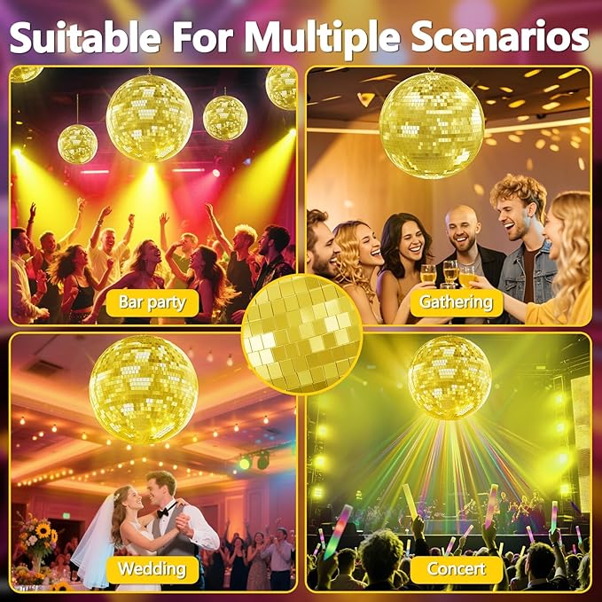 Mirror Disco Ball with Hanging Ring | 12"/16"/20" Mirror Disco Ball for DJ Club,Party,Wedding,Home Decor | Shiny,Easy Installation | with Hanging Ring | Golden, Pink 20Inch Golden