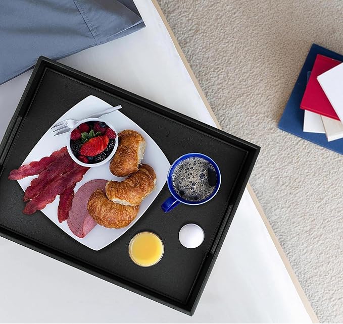 HofferRuffer Rectangle Serving Tray with Hole Handles for Coffee Table, Breakfast, Tea, Food, Butler - Countertop, Kitchen, Vanity Serve Tray, 16.2 x 12.2 x 2 inches, Faux Leather Tray (Black)
