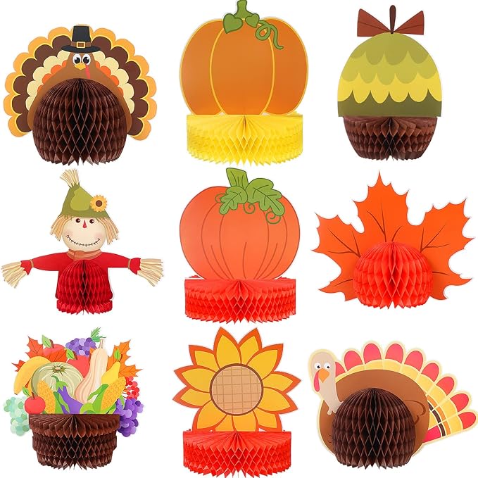 9 Pack Large Fall Thanksgiving Turkey Honeycomb Centerpiece 11 Inches Thanksgiving Party Decorations Different Style Turkey Paper Decorations Table Honeycomb