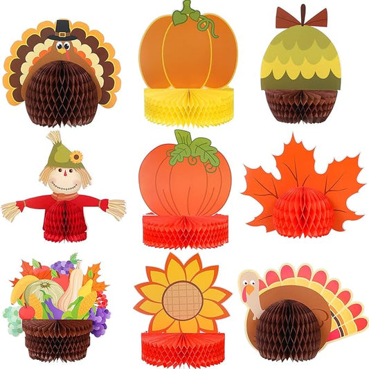 9 Pack Large Fall Thanksgiving Turkey Honeycomb Centerpiece 11 Inches Thanksgiving Party Decorations Different Style Turkey Paper Decorations Table Honeycomb