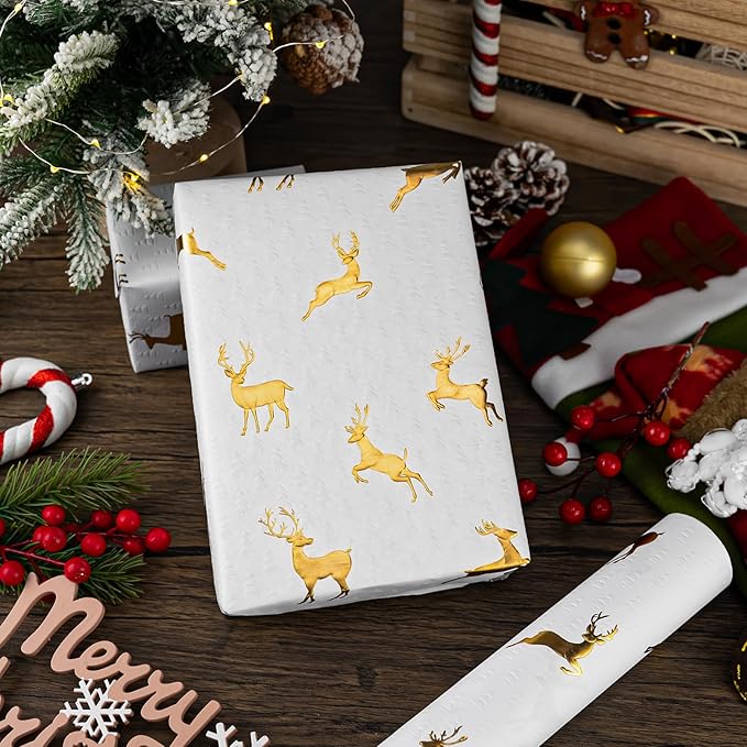 Garbendy Christmas Wrapping Paper Roll- 17 Inch X 32.8 Feet - Embossing 3D Christmas Trees Printed in White with Gold Foil Reindeer Design for Birthday, Wedding, Baby Shower, Bridal Shower, Party