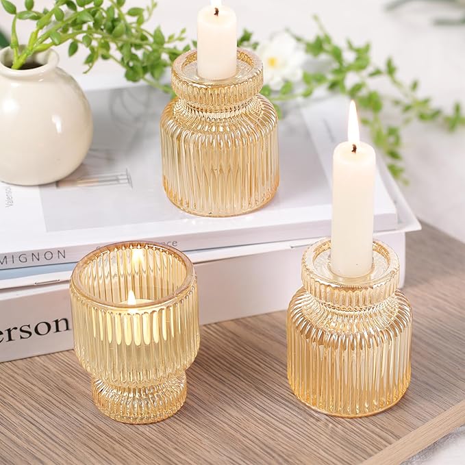 DARJEN 6 Pcs Gold Candlestick Holders - Glass Taper Candle Holders Tealight Votive Candle Holders for Table Centerpieces, Wedding, Dinner Party, Home, Gifts