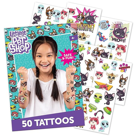 Littlest Pet Shop Temporary Tattoos for Kids [50 pack]. Made in the USA w Certified Safe Ink. Kids Birthday Party Supplies and Party Favors Kit. Bulk Temporary Tattoos Stickers Set. Dogs, Cats,