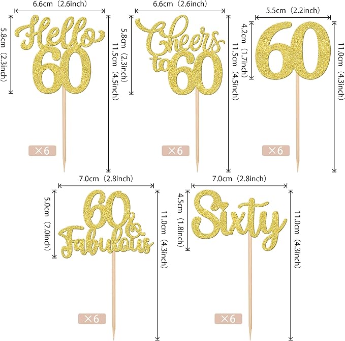 30PCS Happy 60th Birthday Cupcake Toppers Glitter Hello 60 Fabulous Sixty Cheers to 60 Years Old Birthday Cupcake Picks for Happy 60th Birthday Anniversary Party Cake Decorations Supplies Gold