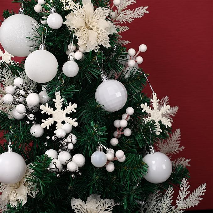 Sratte 94 Pcs Christmas Tree Decorations Set, Christmas Tree Ball Ornaments Glitter Poinsettia Flowers Decorations Glitter Berries Stems for Xmas Holiday Wedding(White)