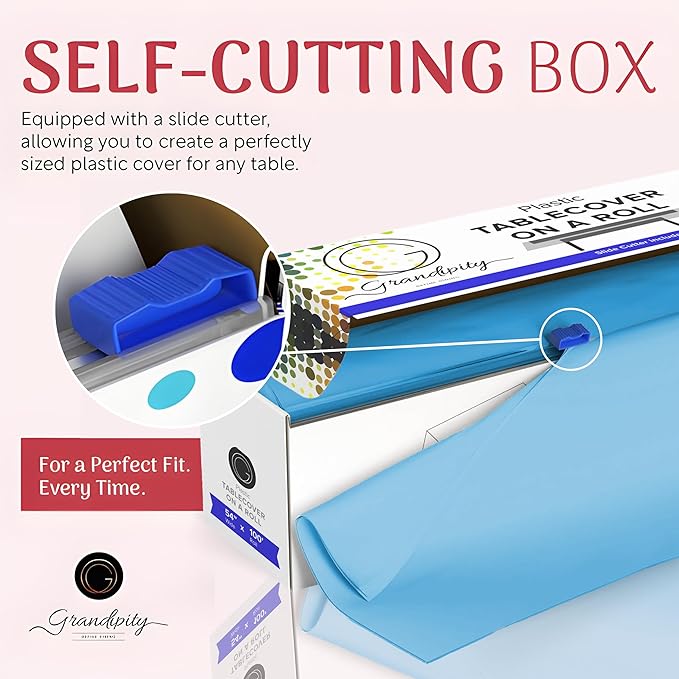 Grandipity Plastic Tablecloth Roll - 54in x 100 Ft. Sky Blue Plastic Table Cloths for Parties Disposable with Cutter Box - Cut to Size Disposable Tablecloth Table Cover for Rectangle & Round