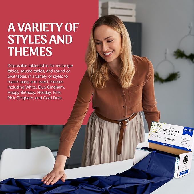 Grandipity Plastic Tablecloth Roll - 54in x 300 Ft. Navy Blue Plastic Table Cloths for Parties Disposable with Cutter Box - Cut to Size Disposable Tablecloth Table Cover for Rectangle & Round