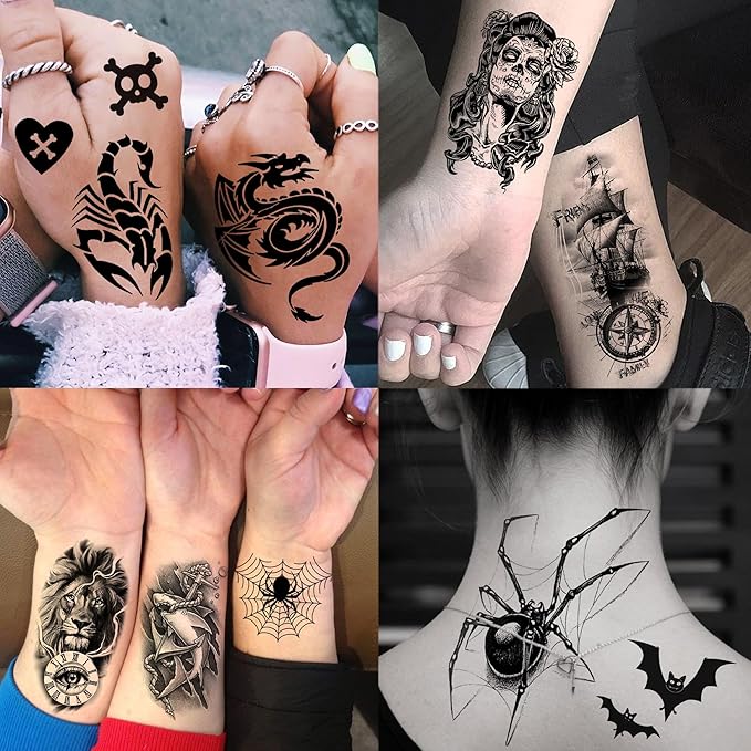75 Sheets Skull Temporary Tattoos For Men Adults Forearm, Halloween Zeus God Lion Poseidon Half Arm Sleeve Tattoo For Women Jesus Christ Skeleton Dragon Owl, Realistic Fake Tattoo Stickers Wolf Tiger