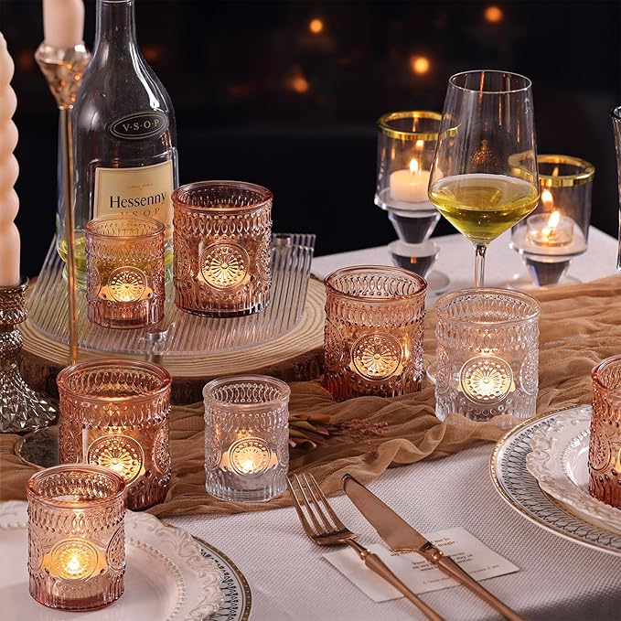 Volens 20pcs Assorted Amber Votive Candle Holders Bulk, Large Glass Votive & Tea Light Candle Holder for Wedding Table Centerpieces, Amber Party Decorations, and Home Decor