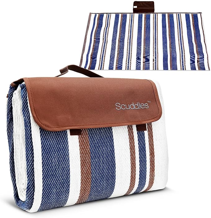 scuddles Extra Large Navy Blue Picnic Blanket Waterproof 3 Layer Polyester Foam and PEVA Mat Foldable Beach Rug with Carry Handle Easy Clean Outdoor Camping Mat for Garden Lawn Park and Travel