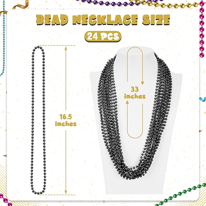 24 PCS Black Mardi Gras Beads Necklaces, Bulk Carnival Beaded Necklaces, 33" New Year Eve Costume Necklaces, Mardi Gras Accessories for Parade Throws Party Favors Decorations Holiday