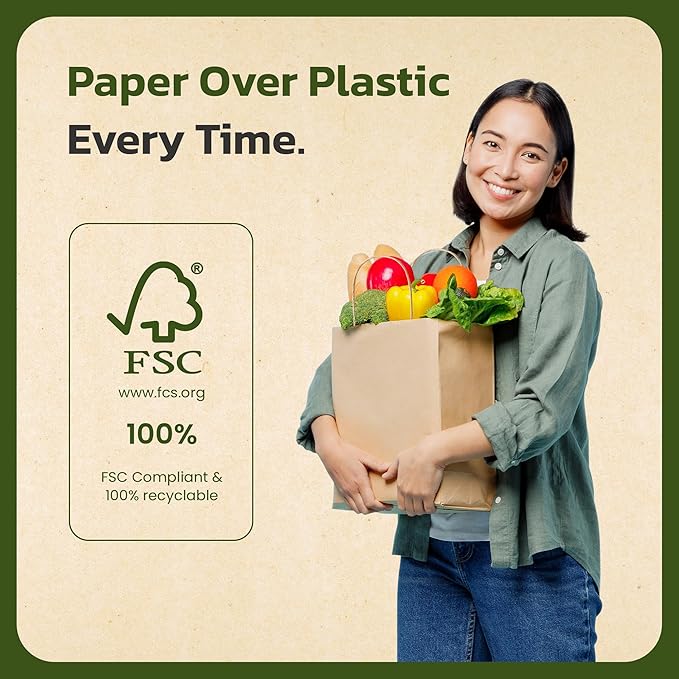 EKOBAGS Granvia | 10x7x12 inches | 50-Pack Kraft Paper Gift Bags with Handles | 115 GSM Brown Paper Bags for Small Business, Shopping & Party Favors | Recyclable | Holds up to 13.8L/8 lbs