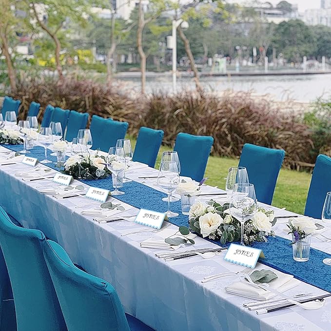 150 PCS Dusty Blue Scalloped Place Cards 2 x 3.5 Inch Blank Tented Place Card Name Cardstock Seat Assignment Label Card Reserved Table Signs Seating Signs for Birthday Wedding Party