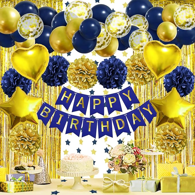 ZERODECO Birthday Party Decorations for Men, Navy Blue Gold Happy Birthday Banner Pompoms Balloon Arch Fringe Curtain Party Décor for Men Boys Women Girls Party Decorations Kit