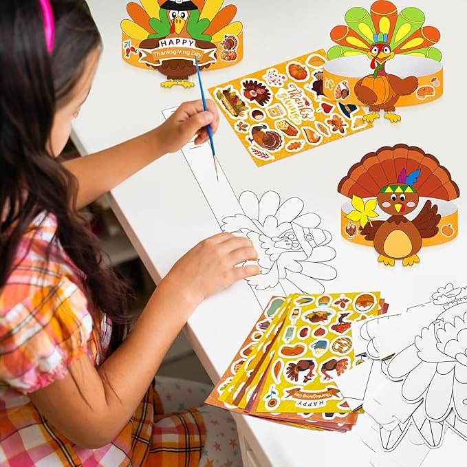 24 Sets Thanksgiving Turkey Craft Kits Fall Thanksgiving Ornaments Decorations Art Sets DIY Autumn Make a Turkey Crafts Stickers Arts and Crafts for Toddler Party Classroom Activities (Hat1)