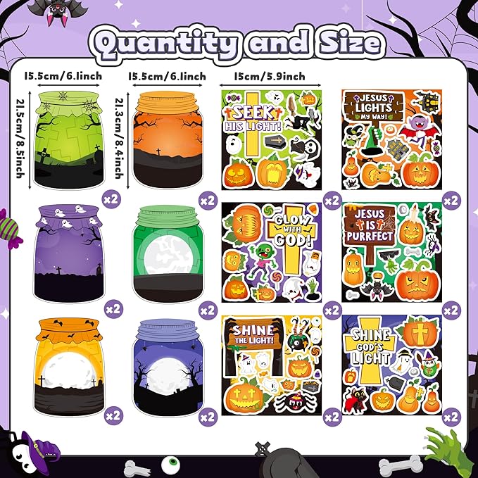 CY2SIDE 12 Set Jesus Cross Stickers, Make A Ghost Jar Sticker Scene with Pumpkin Witch, DIY Halloween Party Games