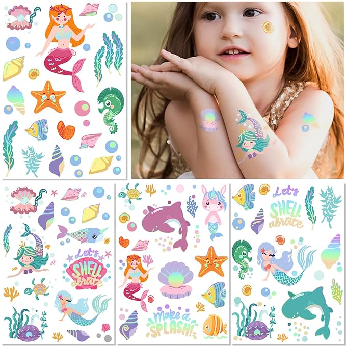 Mermaid Temporary Tattoos for Kids, 85+ Glitter Fake Tattoo, Pirate, Bluey, Dinosaur, Paw Patrol Sleeve Tattoos, Ocean Creatures & Animal, Birthday Party Gift for Boy & Girls