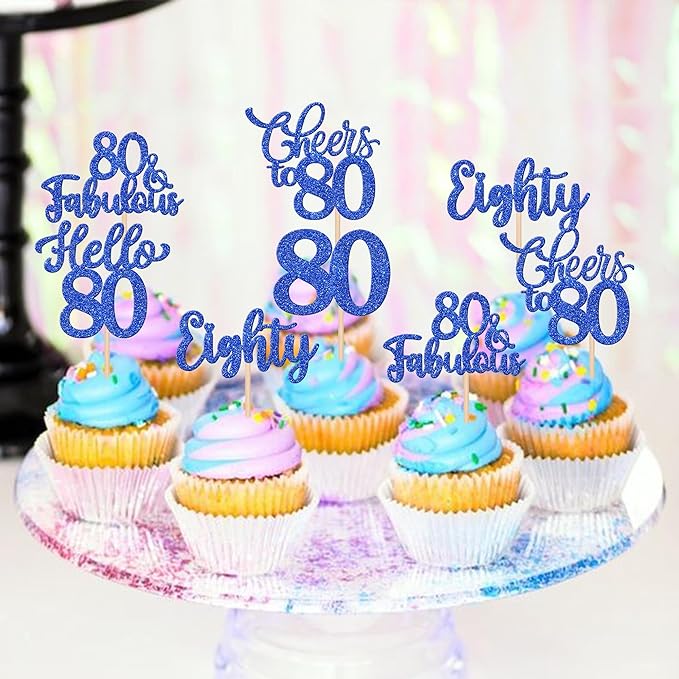 30PCS Happy 80th Birthday Cupcake Toppers Glitter Eighty Cheers to 80 Years Old Birthday Cupcake Picks Hello 80 Fabulous Cake Decorations for Happy 80th Birthday Anniversary Party Supplies Blue