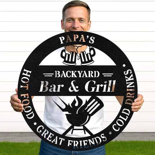 Custom BBQ Grill Metal Sign Personalized Name Wall Art for Outdoor Barbecue Patio Kitchen Backyard Decor Gift for Dad Husband Men Papa Grandpa Father Grilling Enthusiasts Family Lover Funny Gifts 23