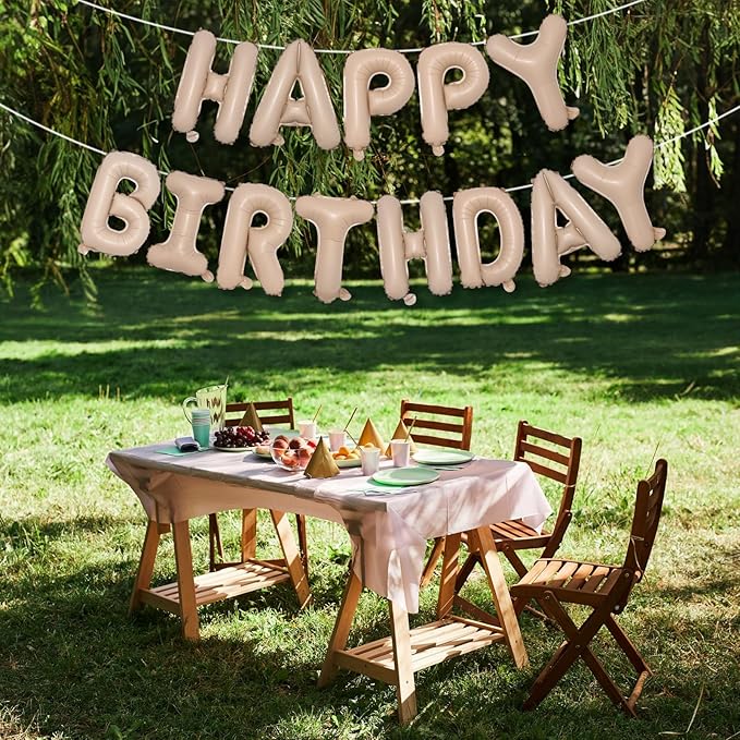 Happy Birthday Balloon Banner Beige, 16 Inch Neutral Tan Self Inflating Happy Birthday Foil Balloon, Nude Born Day Bunting Banner Letter Balloons for Men Women Bday Party Decorations Supplies