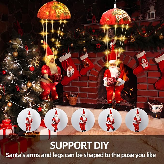 Xmas Santa Claus Parachute Lights - 105 LED 8 Modes 3AA Battery Operated, Warm White Hanging Christmas Decorative Lights for Indoor Outdoor Porch Garden Party Yard