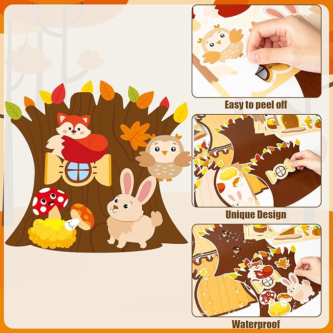CY2SIDE 12 Sets Fall Woodland Animal Scene Sticker Art Craft for Kids, Make A Fall Woodland Scene with Fox Pumpkin Sticker, DIY Autumn Party Games for School Classroom Activities