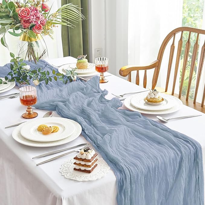 IVAPUPU 1 Pcs Cheesecloth Table Runner - 10ft Dusty Blue Boho Gauze Cheese Cloth Table Runners for Baby Shower Decoration Wedding Party Summer Garden Farmhouse