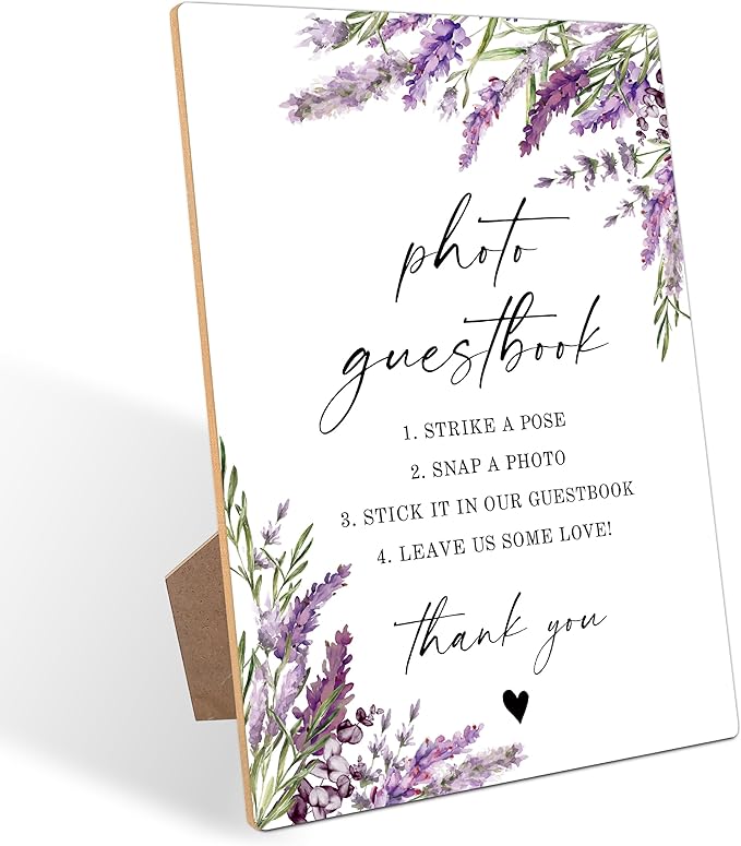 Photo Guest Book Sign, Lavender Bridal Shower Decorations, Guest Book for Party, Wedding Reception Table Decorations, Floral Wooden Sign with Stand for Wedding Reception And Bridal Party Decor, 30