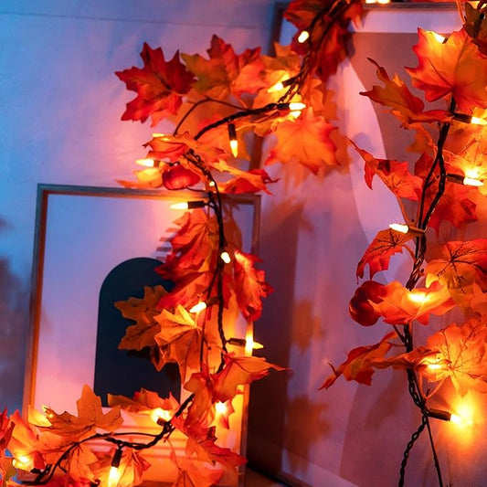 GAGALIFE Thanksgiving Decorations Fall Garland with Lights, 50 Warm Bulbs with Mini Pumpkins - 11FT Connectable Fall Lights Outdoor & Indoor, Realistic Maple Leaf String Lights for Fall Decor
