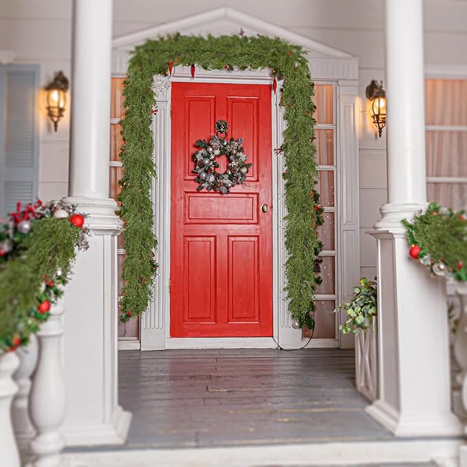 Palonu 1Pcs 9Ft Christmas Cedar Garland, Artificial Realistic Greenery Faux Garlands Touch Like Real Cypress Pine Xmas Décor, Fireplace Mantle Table Stairs Porch Indoor Outdoor Holiday Decoration