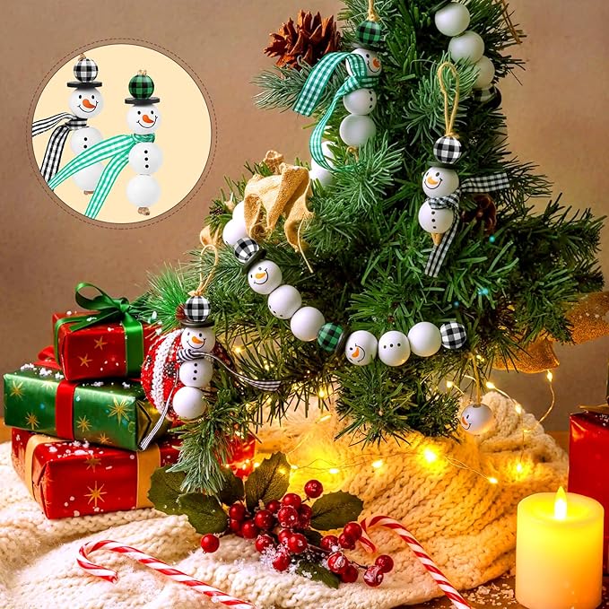 Landical 180 Piece DIY Christmas Snowman Wooden Bead Crafts Christmas DIY Ornaments Buffalo Plaid Wood Round Bead Xmas Print Wooden Beads with Twine Scarf for Crafts (Fresh Colors)