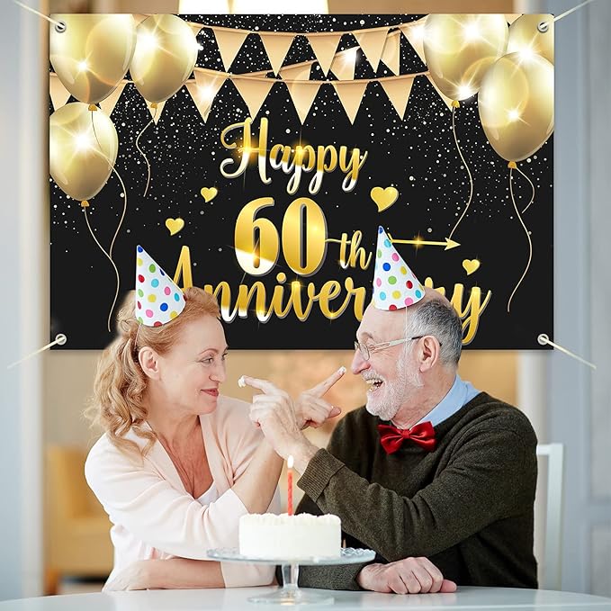 HAMIGAR 6x4ft Happy 60th Anniversary Banner Backdrop - 60 Wedding Anniversary Decorations Party Supplies - Black Gold
