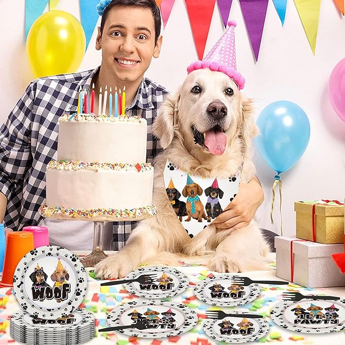 96PCS Dog Plates and Napkins Party Supplies Dachshund Birthday Party Decorations Weiner Dog Decor Lets Pawty Dog Themed Disposable Tableware Set Serve 24 Guests