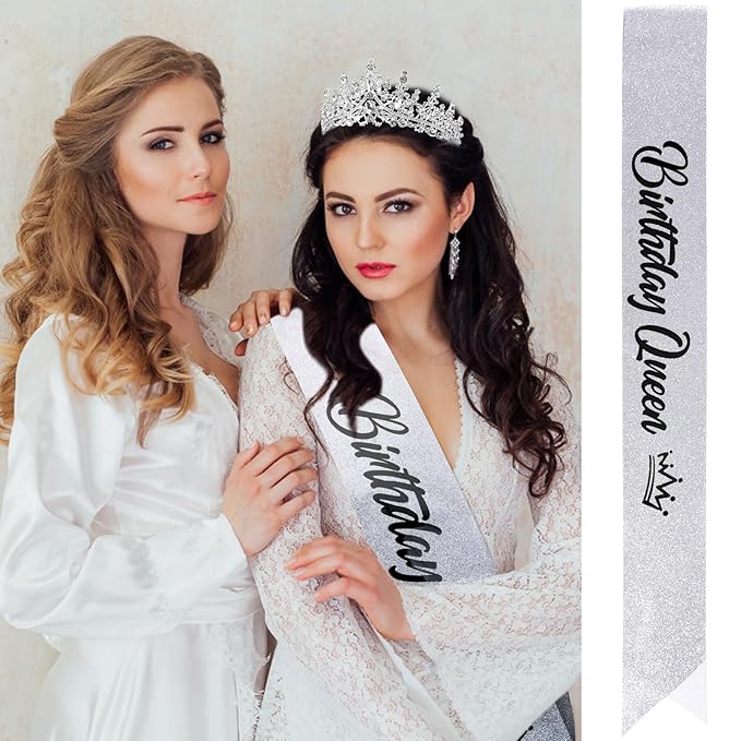 VELSCRUN Birthday Queen Tiara Crowns for Women Girls Silver Crystal Birthday Queen Headband Sash Elegant Princess Crown Happy Birth Party Decorations Mom Sisters Birth Gift Hair Accessories