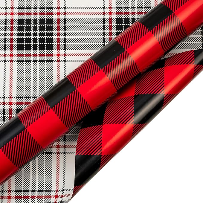 WRAPAHOLIC 30 Inch Jumbo Reversible Plaid Christmas Wrapping Paper - 30 Inch x 33 Feet - Black and Red Plaid Wrapping Paper for Christmas, Birthday, Wedding, Baby Shower, Holiday