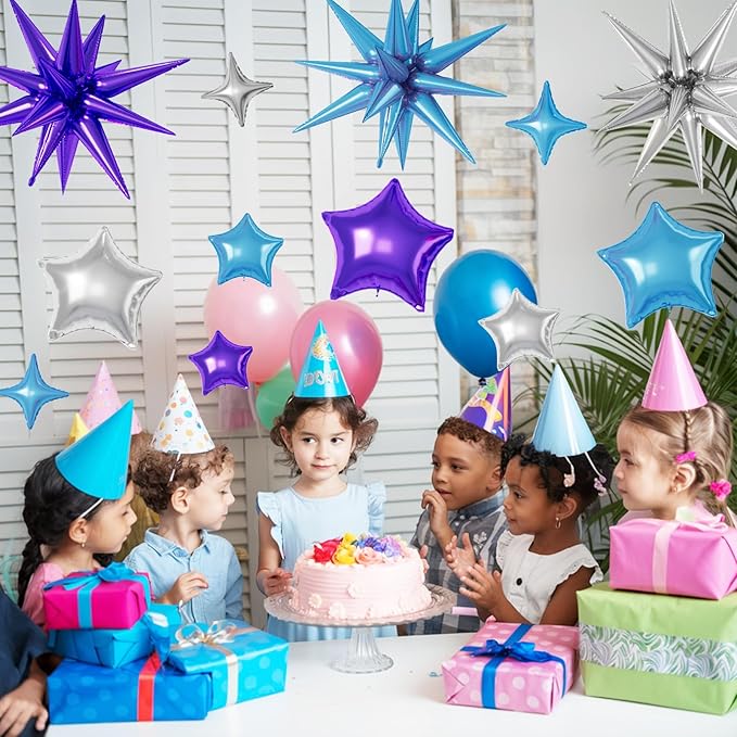 16 Pcs Blue Purple Silver Star Balloons, 22/18/10 Inch Foil Balloons, Four-Pointed Balloon for Boy Men Birthday Graduation Wedding Baby Shower Galaxy Space Party Decorations