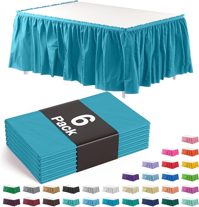 Exquisite Ruffle Table Skirt Turquoise 6 Pack 14 Ft Long for Rectangle 6ft Plus or Round Tables With Adhesive Strip for Gender Reveal Decor & Happy Birthday Parties