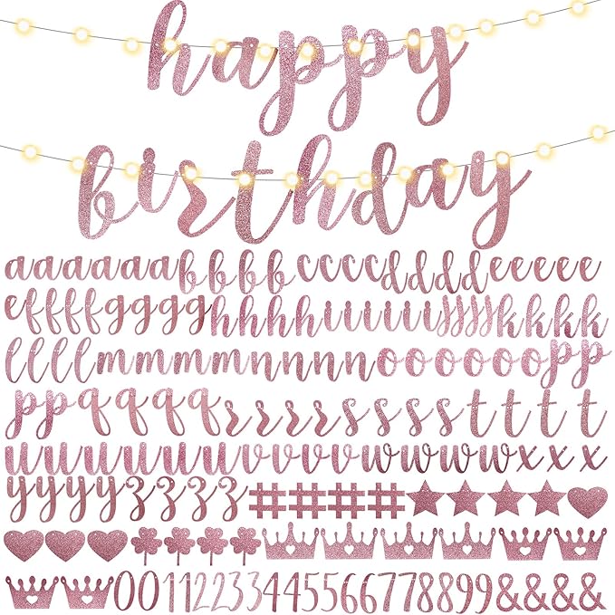 TaoBary 167 Pcs DIY Banner Kit Happy Birthday Glitter Banner Customizable Glitter Make Your Own Kit 162 Letters Symbols and Numbers 3 Rope for Birthday Halloween Wedding Christmas(Rose Gold)