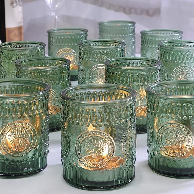 30pcs Votive Candle Holders for Christmas Decor, 2x2.5iInch Green Glass Tea Light Candle Holders for Winter Table, Green Votives for Wedding, Christmas, Party Decor & Gift-Giving