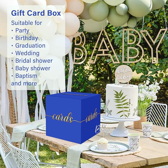1 Pack Blue and Gold Foil Card Box for Party, 8.7" Blue Gift Card Box Money Box for Birthday, Wedding, Baby Shower, Retirement, Anniversary, Bridal Shower, Raffle Ticket