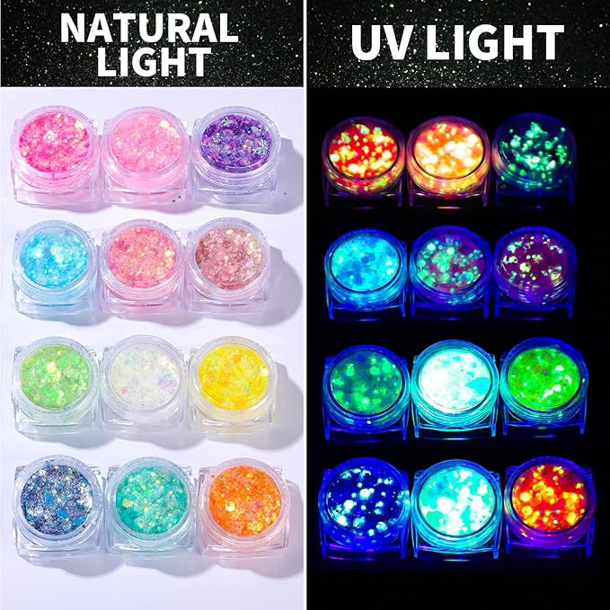 Teenitor 12 Colors Glow in The Dark Glitter Gel, Face Glitter Body Glitter Gel Hair Glitter for UV Black Light Halloween Makeup Raves Festivals