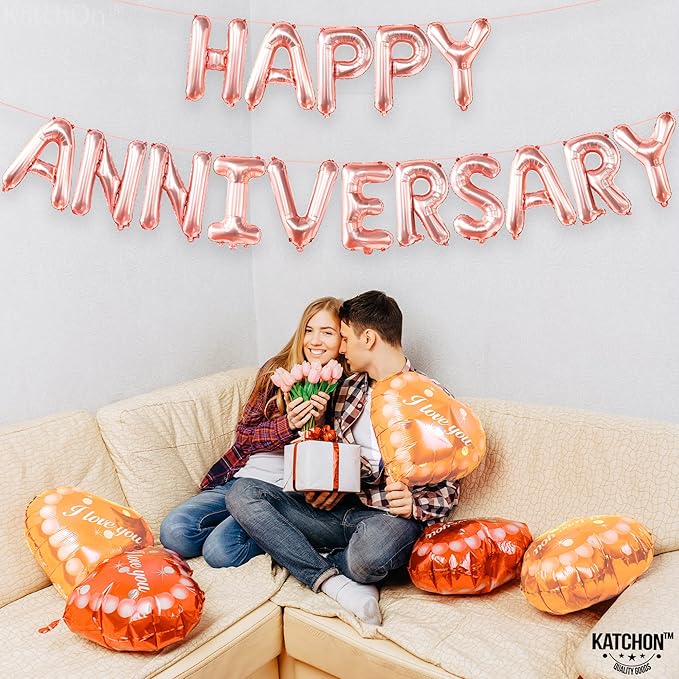 KatchOn Rose Gold Happy Anniversary Balloons Letters - 16 Inch | Anniversary Banner for Decorations | Backdrop | Balloon Banner