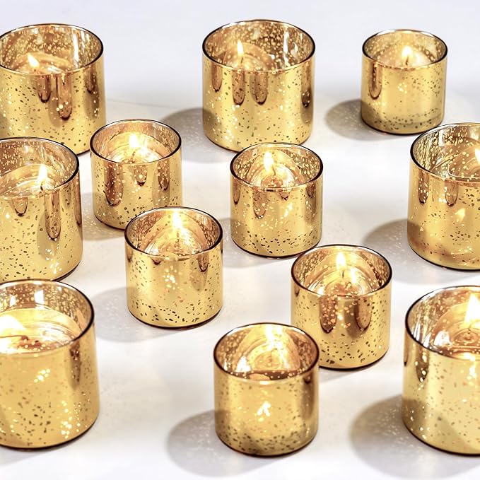 12-Piece Gold Candle Holders, Speckled Mercury Gold Votive Candle Holders, Two Models, Suitable for Wedding Table Centerpieces, Party Decorations and Home Decor